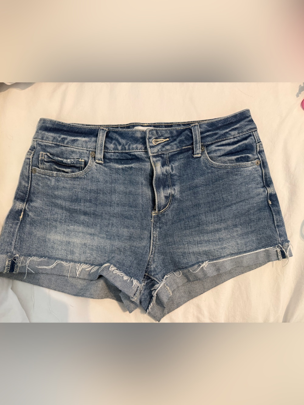 PAIGE Blue Denim Shorts with Frayed Hem